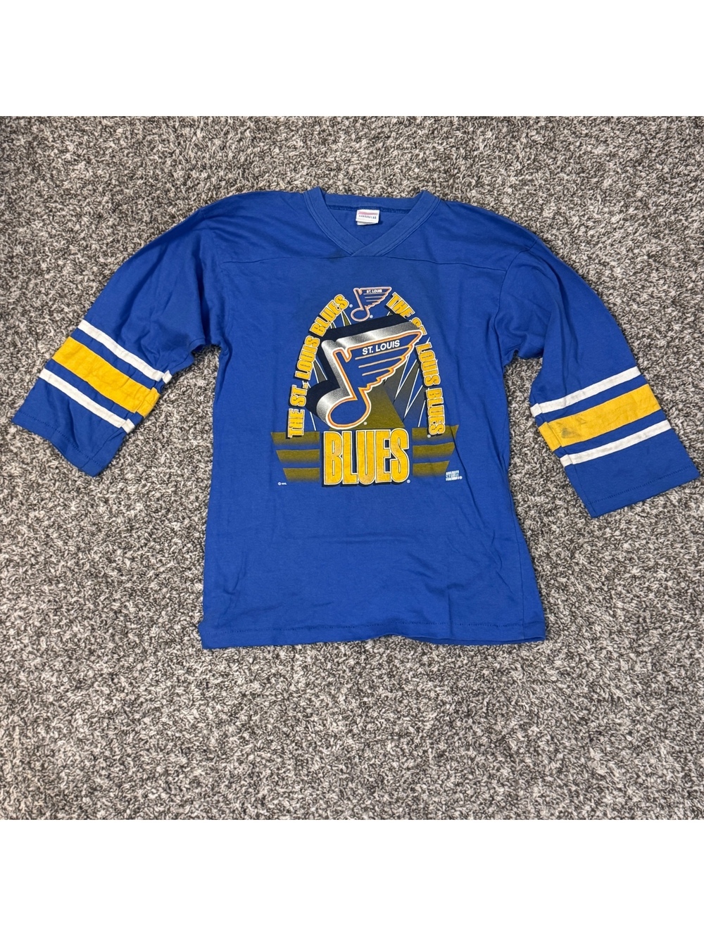Vintage St. Louis Blues NHL Hockey Shirt 100% Cotton USA Blue Yellow Sportsman